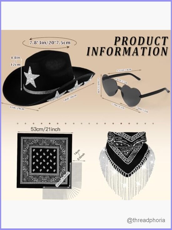 3 Pc Rhinestone Star Cowboy Hat Heart Sunglasses Fringe Bandana Set Cosplay